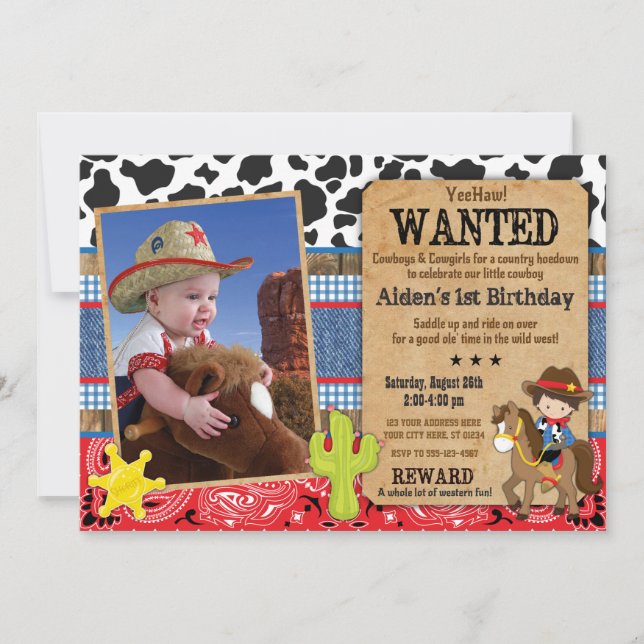 Cowboy Birthday Einladung Gewollt, Western Thema (Vorderseite)