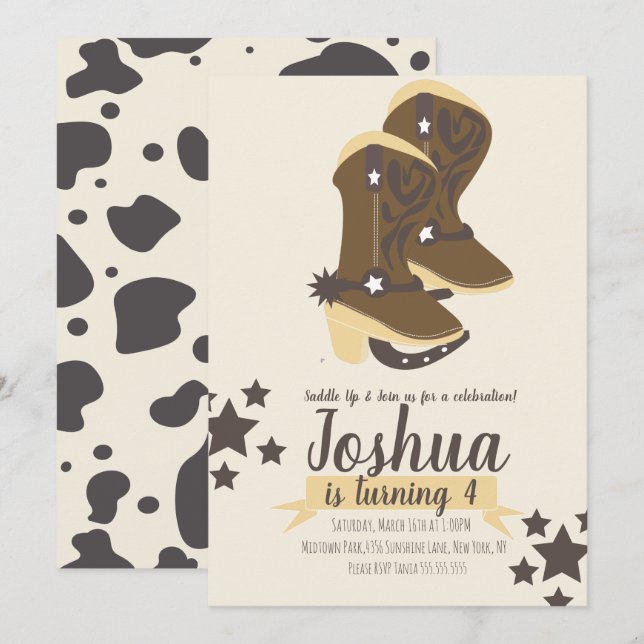 Cowboy Birthday Kuh Print Brown Beige Einladung (Vorne/Hinten)