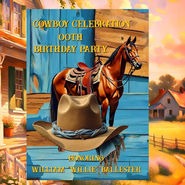 Cowboy Birthday Party Barn Horse Hat blue brown Einladung (Von Creator hochgeladen)