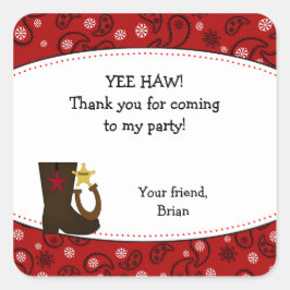 Cowboy Birthday Party Gefallen Sticker Red Paisley