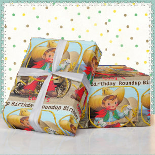 Cowboy Birthday Roundup Add Name Hat Chaps Rope Geschenkpapier