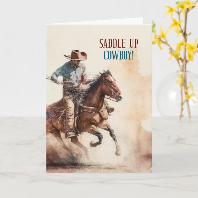 Cowboy Birthday Western Themed Horseback Karte (Gelbe Blume)