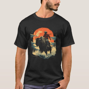 Cowboy Bison Büffel Sonnenuntergang Western Land R T-Shirt