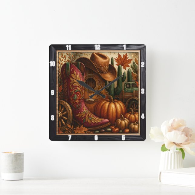 Cowboy Boot Autumn Western Quadratische Wanduhr (Zuhause)