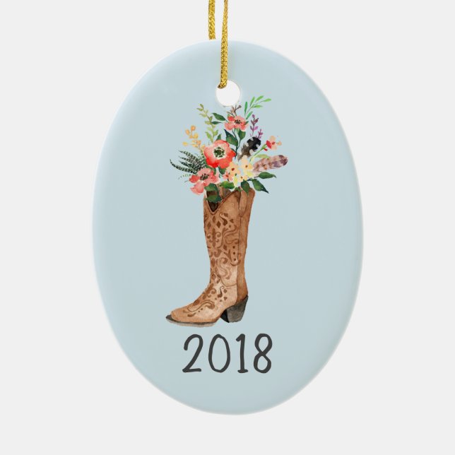 Cowboy Boot Bouquet Keepake Jahr Keramik Ornament (Hinten)