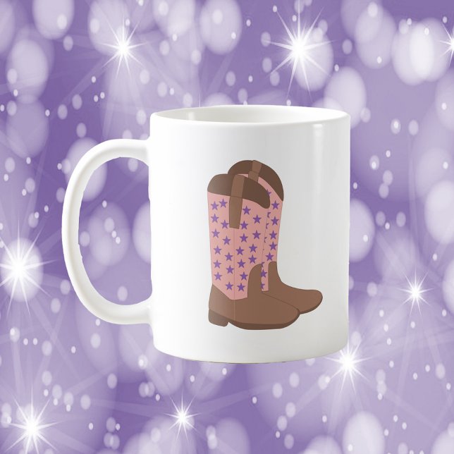 Cowboy Boot Brown Pink Lila Stars Kaffeetasse (A mug with a pair of cowboy boots done in brown and pink with purple stars)