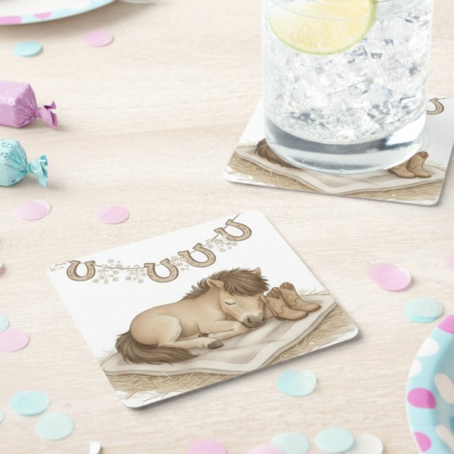 Cowboy Boots and Foal Baby Shower Rechteckiger Pappuntersetzer (Cowboy boots & foal baby shower drink coaster)