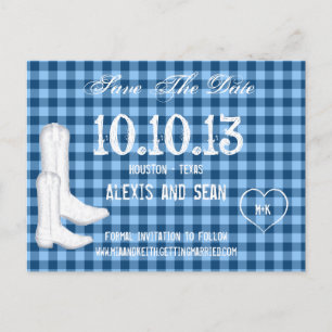 Cowboy Boots Blue Checkered Gingham Save the Date Ankündigungspostkarte