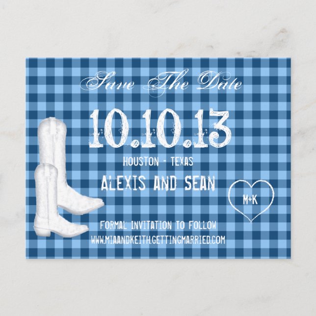 Cowboy Boots Blue Checkered Gingham Save the Date Ankündigungspostkarte (Vorderseite)