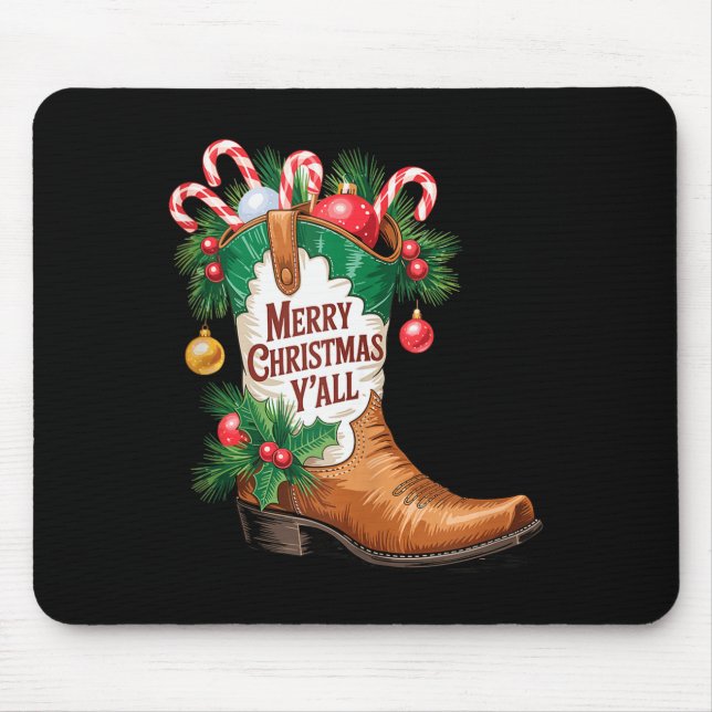 Cowboy Boots Country Western Merry Christmas Y'all Mousepad (Vorne)