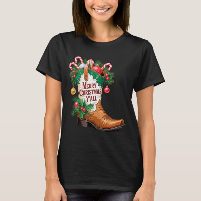 Cowboy Boots Country Western Merry Christmas Y'all T-Shirt (Vorderseite)