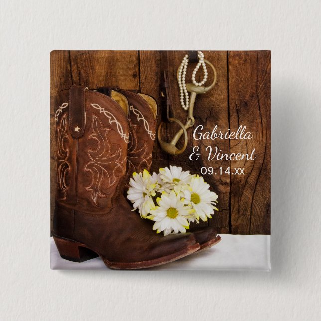Cowboy Boots, Daisies Horse Bit Western Hochzeit Button (Vorderseite)