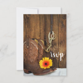 Cowboy Boots Daisy Horse Bit Barn Wedding RSVP Karte