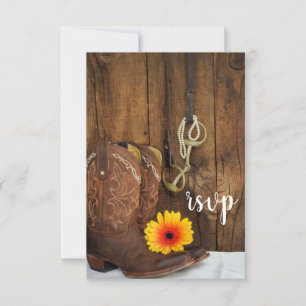 Cowboy Boots Daisy Horse Bit Barn Wedding RSVP Karte