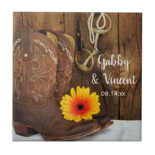 Cowboy Boots, Daisy und Horse Bit Western Hochzeit Fliese