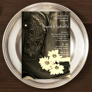 Cowboy Boots Daisy Wedding Probe Dinner Sepia Einladung