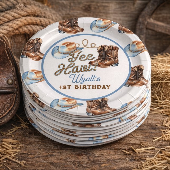 Cowboy Boots First Rodeo Birthday Pappteller (Cowboy Boots First Rodeo Birthday Paper Plates)
