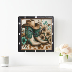 Cowboy Boots Hat Floral Quadratische Wanduhr