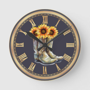 Cowboy Boots & Sonnenblumen Runde Wanduhr