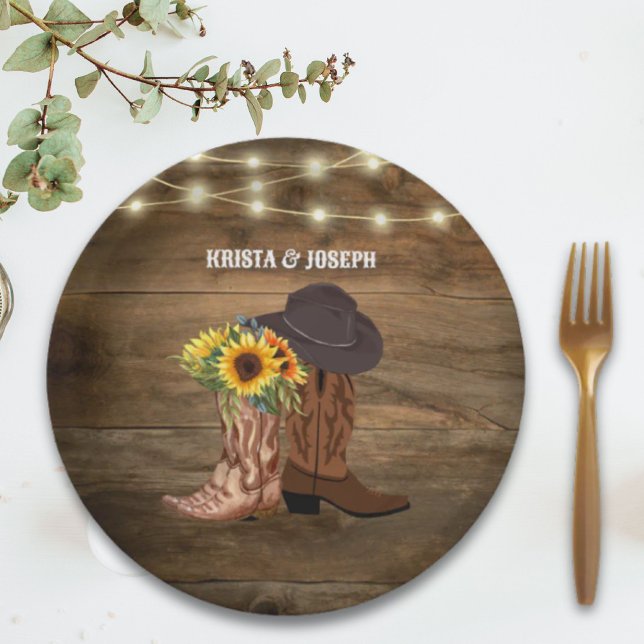 Cowboy Boots Sonnenblumen Western Gastgeschenk Hoc Pappteller (Cowboy Boots Sunflower Western Wedding Favor Paper Plates)