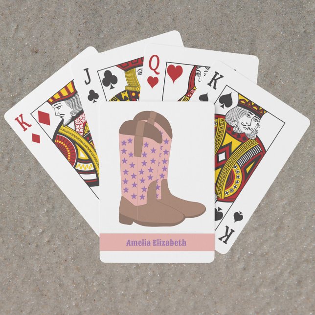 Cowboy Boots Stars Lila Pink Brown personalisieren Spielkarten (A deck of playing cards with pink, brown and purple cowboy boots and text you can personalize!)