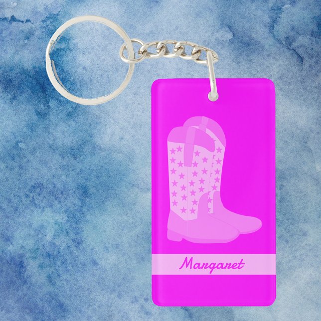 Cowboy Boots Stars Pink personalize Schlüsselanhänger (A key chain with pink cowboy boots and text you can personalize!)