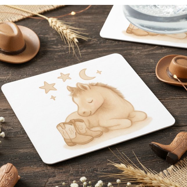 Cowboy Boots und Foal Baby Shower Rechteckiger Pappuntersetzer (Sweet foal and baby cowboy boots drink coaster)
