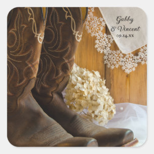 Cowboy Boots und Lace Country Barn Wedding Quadratischer Aufkleber