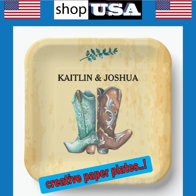 Cowboy Boots Wedding 🤠 Rustic Western Monogram Pappteller (Von Creator hochgeladen)