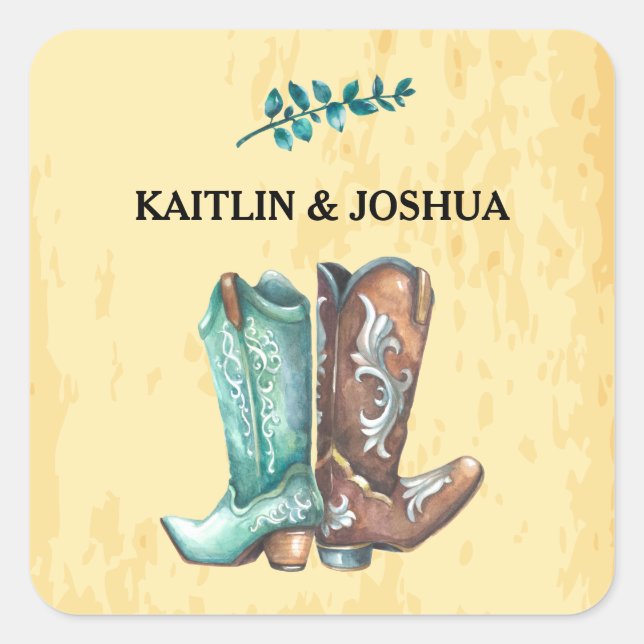 Cowboy Boots Wedding 🤠 Rustic Western Monogram Quadratischer Aufkleber (Vorderseite)
