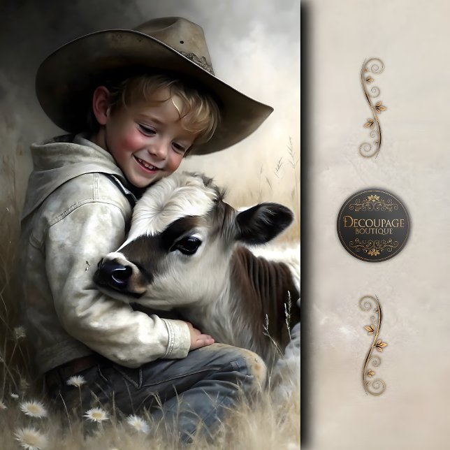 Cowboy Boy Hugging Calf Decoupage Seidenpapier (Cowboy Boy Hugging Calf Decoupage Tissue Paper)