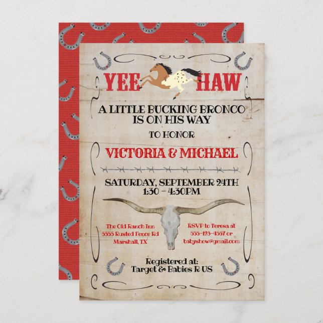 Cowboy Bucking Bronco Paare Kinderdusche Einladung (Vorne/Hinten)