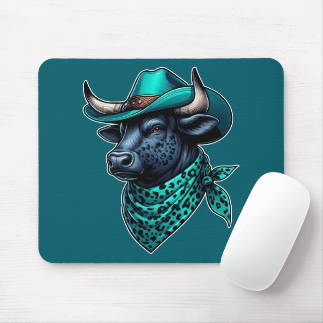 Cowboy Bull mit türkisfarbenem Hut und Gemustertem Mousepad (Mit Mouse)