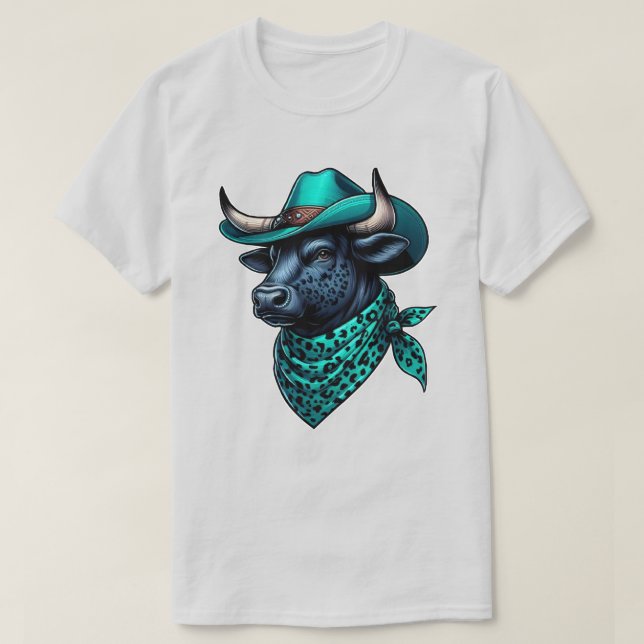 Cowboy Bull mit türkisfarbenem Hut und Gemustertem T-Shirt (Design vorne)