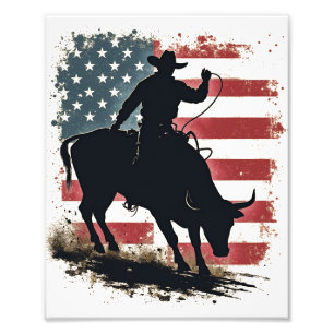 Cowboy Bull-Rider Patriotische Amerikanische Flagg Fotodruck