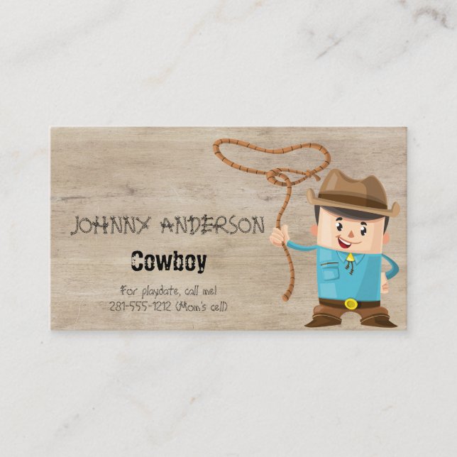 Cowboy Business Card für Boy Playdate Telefonnummerkarte (Vorderseite)