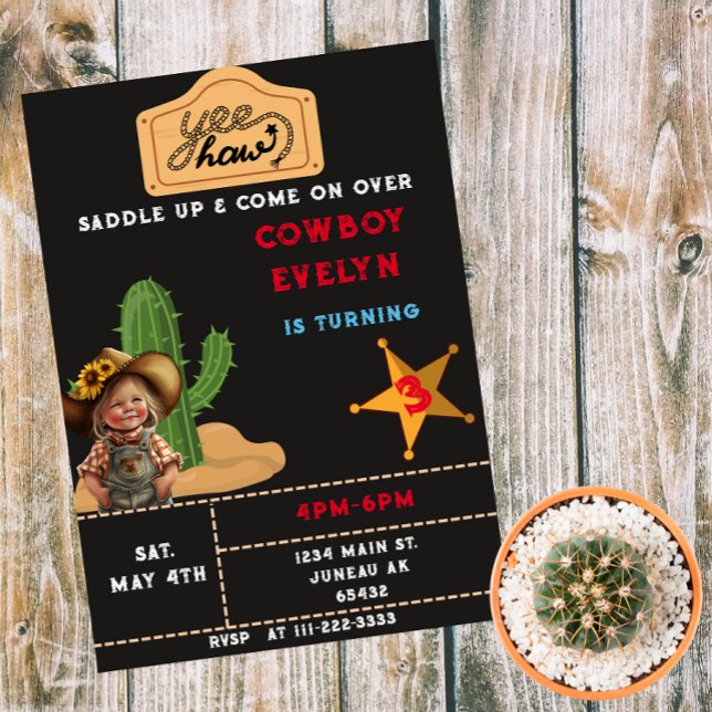 Cowboy Cactus Party Birthday Girl Magneteinladung (Von Creator hochgeladen)