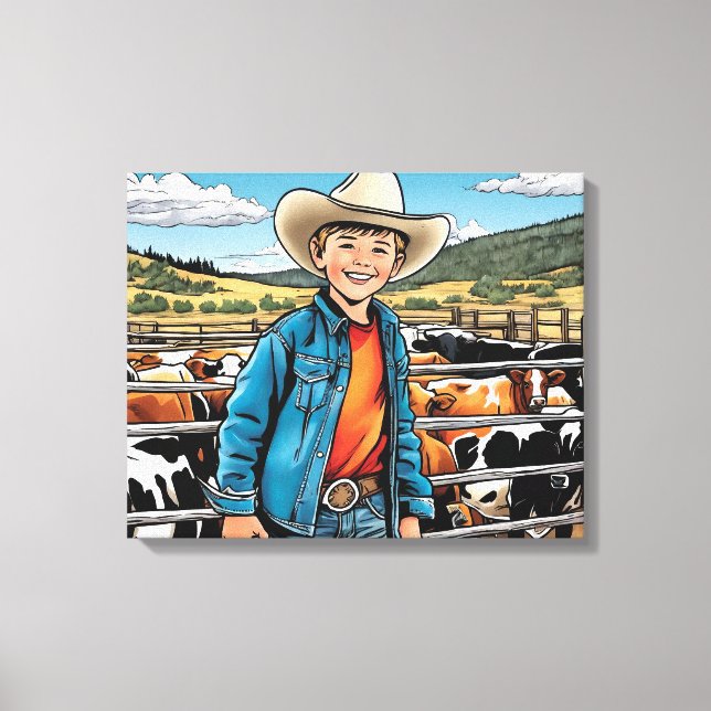 Cowboy Cattle Ranch Young Boy Graphic Art Leinwanddruck (Vorderseite)
