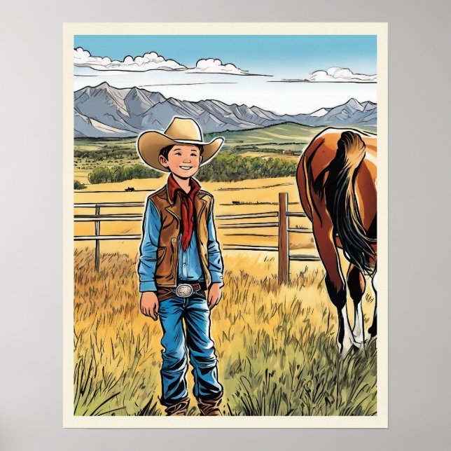 Cowboy Cattle Ranch Young Boy Graphic Art Poster (Vorne)