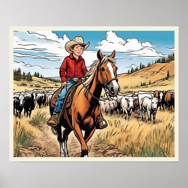 Cowboy Cattle Rancher Boy's Bedroom Graphic Art Poster (Vorne)