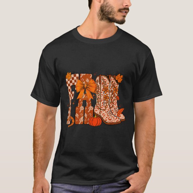 Cowboy Checkered Fall,fall Pumpkin,boots Cow Funny T-Shirt (Vorderseite)