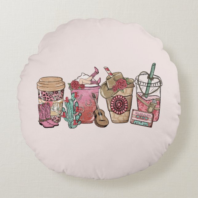 Cowboy Coffee Time Rundes Kissen (Vorderseite)