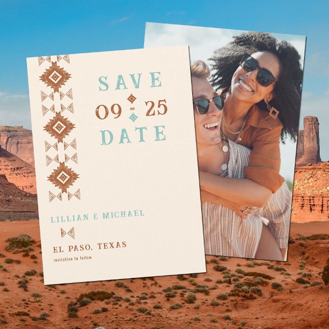 Cowboy Country Western Aztec Wedding Save the Date Einladung (western country cowboy desert wedding save the date photo terracotta teal)
