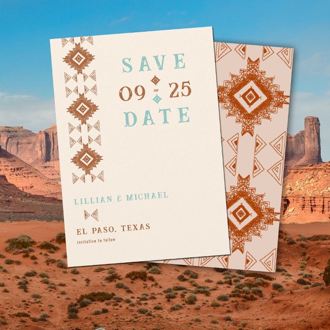 Cowboy Country Western Chic Wedding Save the Date Einladung (cowboy country western desert wedding save the date aztec pattern terracotta teal)