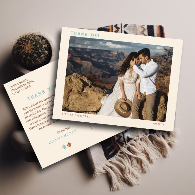 Cowboy Country Western Hochzeit Foto Vielen Dank Postkarte (cowboy country western desert wedding photo thank you postcard aztec pattern terracotta teal)