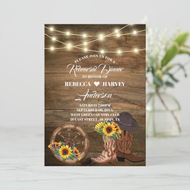 Cowboy Country Western Hochzeit Probe Dinner Einladung (Stehend Vorderseite)