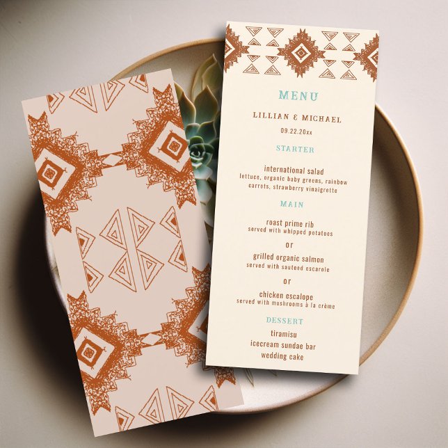 Cowboy Country Western Wüste Terracotta Wedding Menükarte (cowboy country western desert wedding menu aztec pattern terracotta teal)