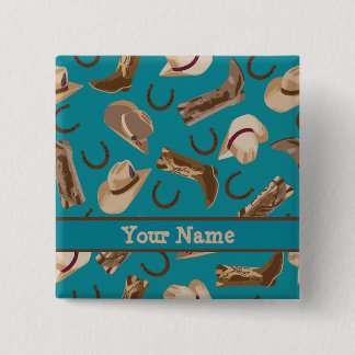 Cowboy Cowgirl Aquamariner Western Boots Hat Name Button