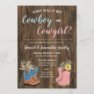 Cowboy/Cowgirl Bootie Dark Wood Gender Reveal Einladung