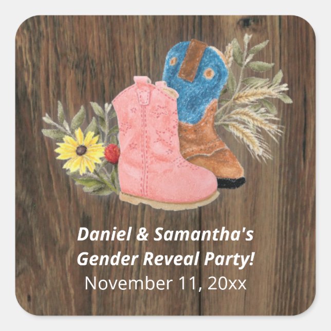 Cowboy/Cowgirl Bootie Dark Wood Gender Reveal Quadratischer Aufkleber (Vorderseite)